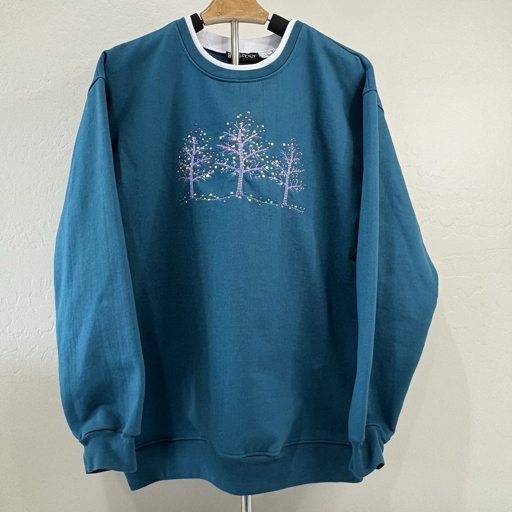 Vintage Teal Blue Double Collared Pullover Sweatshirt Winter Tree Design- Sz L
